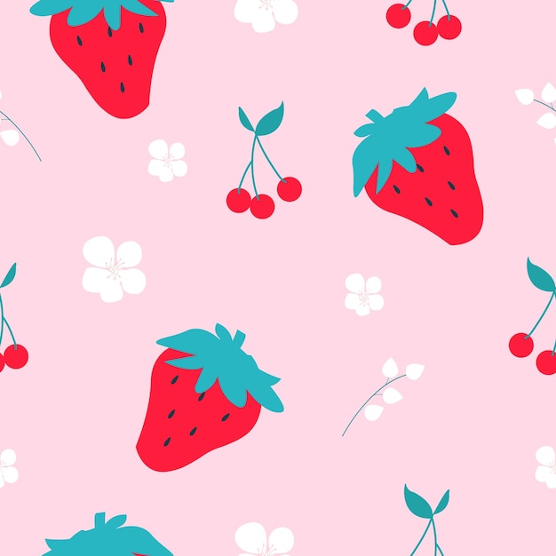 Seamless Strawberry ,cherry and white flower cute pattern on pink background