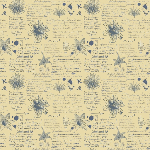 seamless textural background in the style of notes from the diary of a botanist with sketches