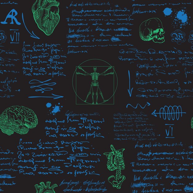 seamless textural background in the style of notes from the diary of a scientist anatomist