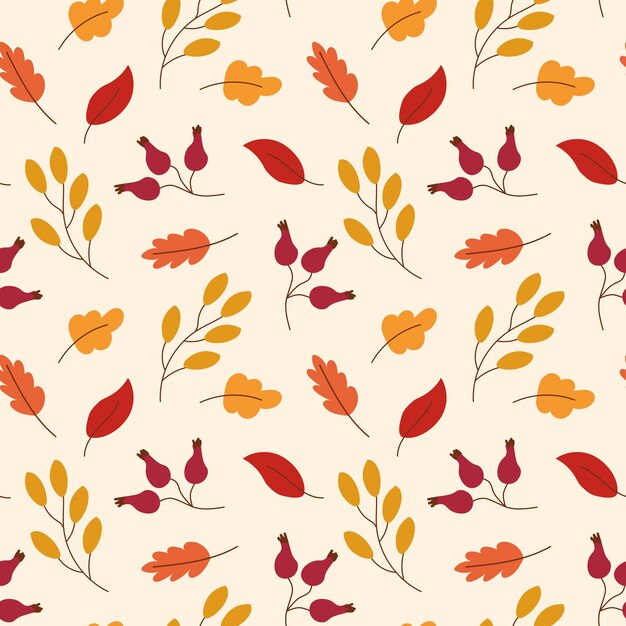 Seamless vector autumn pattern with berries and branches leaves Fall colorful floral background E