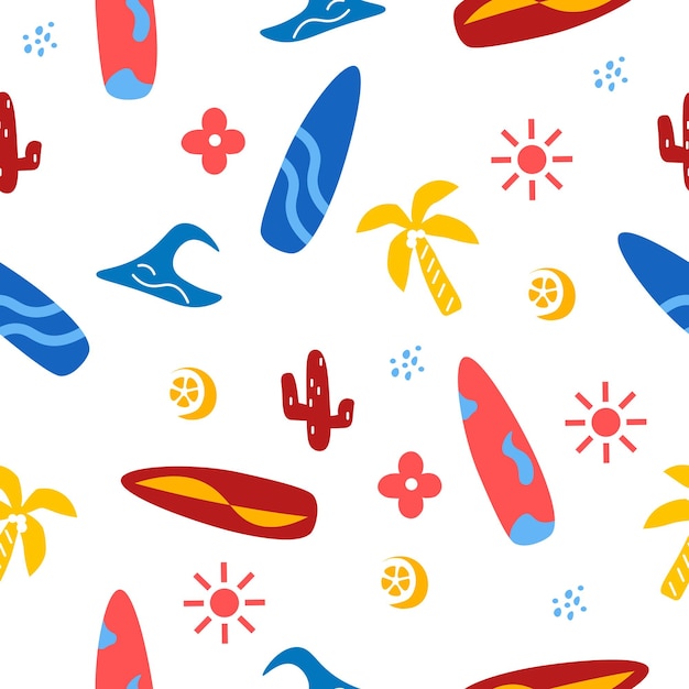 Seamless Vector Pattern Featuring Surfboards and Beaches