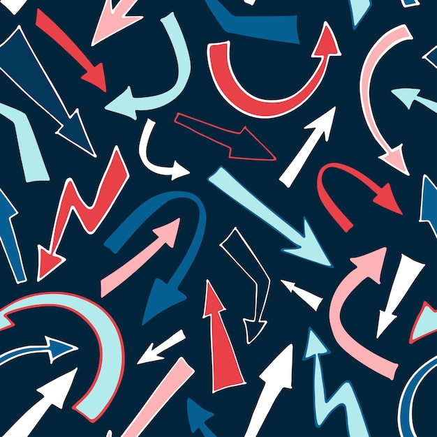 Seamless vector pattern of doodle multicolored arrows on dark blue background