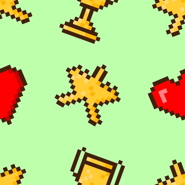 Seamless vector pattern with 8bit game icons star heart and trophy on a green background