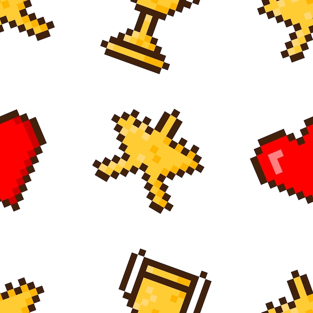 Seamless vector pattern with 8bit game icons star heart and trophy on a white background