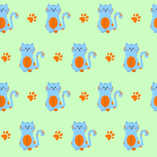seamless vector pattern with a blue cat on a green background