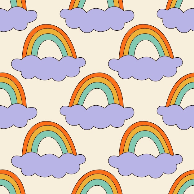 Seamless vector pattern with abstract rainbow and cloud 70s 80s 90s vibes funky background