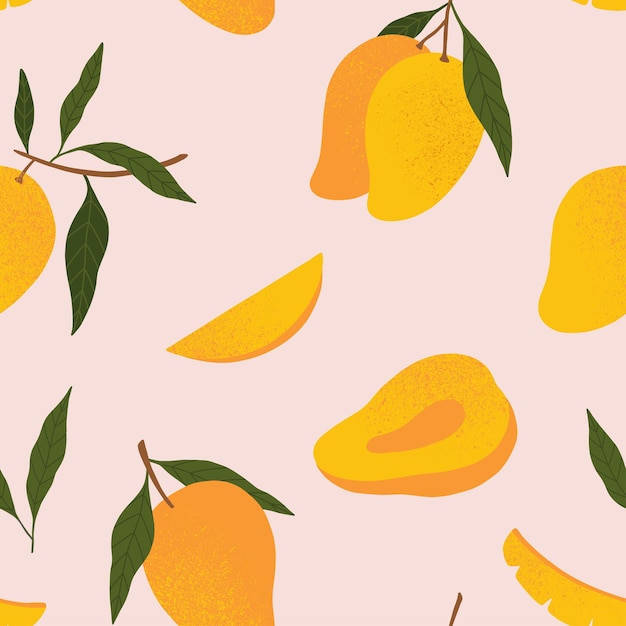 Seamless vector pattern with hand drawn textured mango on pink background Tropical fruit background