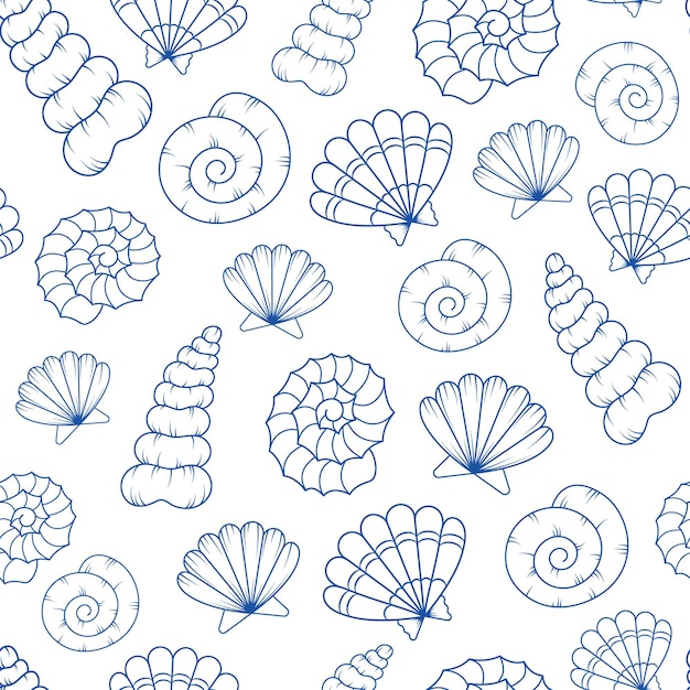 Seamless vector pattern with seashells on a white background