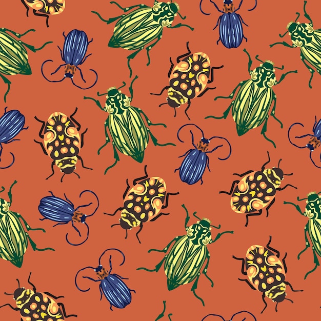 Seamless vector pattern with various colorful beetles on a terracotta background