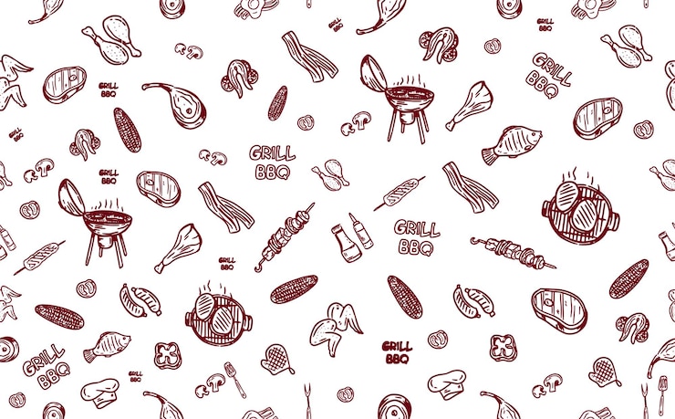 Vektor seamless vector wallpaper of images of dishes cooked on the grill and fire