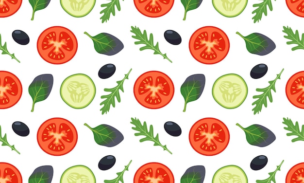 seamless vegetables pattern with tomato cucumber leave of spinach arugula on white background