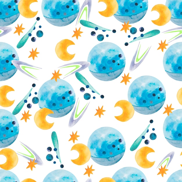 Seamless watercolor pattern Watercolor illustration of space objects
