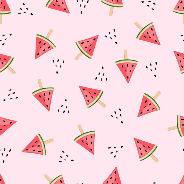 Seamless watermelon ice cream pattern on pink background Vector background
