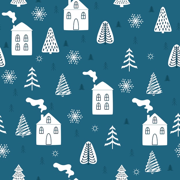 seamless white houses trees and snowflakes winter pattern