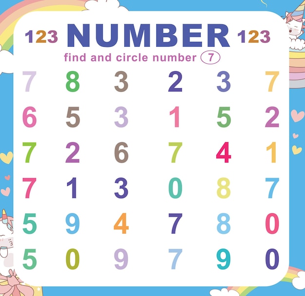 Search and circle number on the worksheet. Exercise for children to recognize number. Vector file