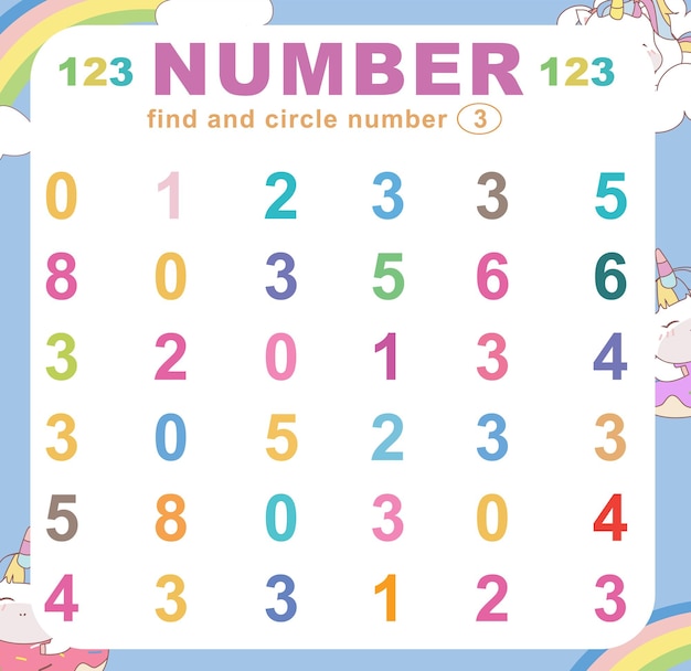 Search and circle number on the worksheet. Exercise for children to recognize number. Vector file