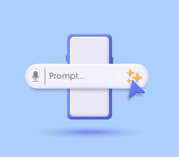 Search engine bar and smartphone 3D AI Assistant and Tool Concept of Artificial Intelligence Input prompt as commands for search and analysis by AI Trendy and modern vector in 3d style