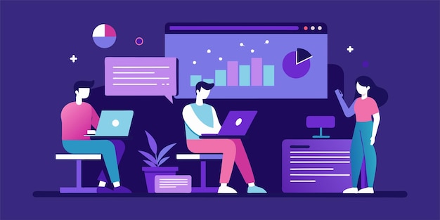 Search engine optimization analysis concept on ultraviolet background flat illustration