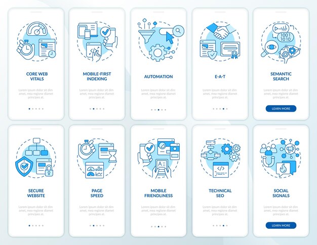 Search engine optimization blue onboarding mobile app screen set