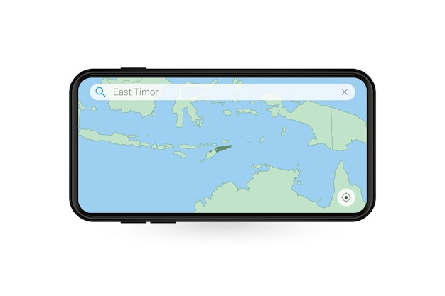 Searching map of East Timor in Smartphone map application. Map of East Timor in Cell Phone.