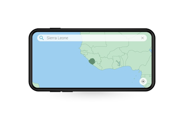 Searching map of Sierra Leone in Smartphone map application. Map of Sierra Leone in Cell Phone.