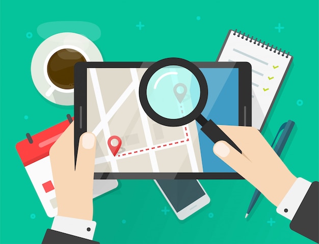Searching road map location or reviewing trip travel direction route on city navigation digital tablet computer