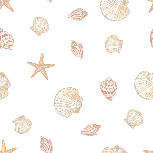 Seashell seamless pattern Scallop vector background