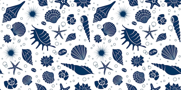 Seashells blue silhouette seamless pattern Summer sea background Hand drawn Shells starfish bubbles
