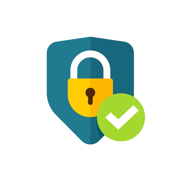 Secure icon with lock shield and check mark as flat logo design as internet antivirus guard private