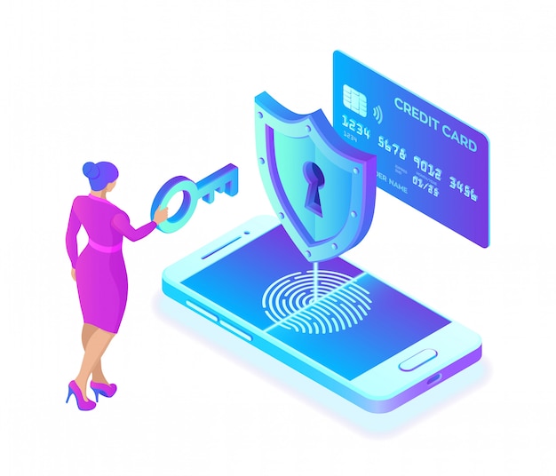 Secure payments.  isometric personal data protection concept. Credit card check and software access data as confidential.