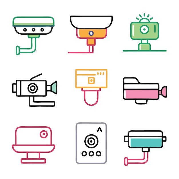 security camera cctv concept colorful linear icons color offset line icons flat color outline