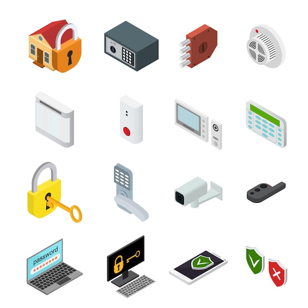 security color icons set isometric view service protect for office and home.