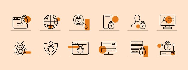 Security icon set Modem bug virus code programming monitor planet smartphone magnifying glass Pastel color background Vector line icon for business and advertising
