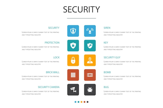 security  infographic 10 option concept.protection, security camera, key, bomb  simple icons