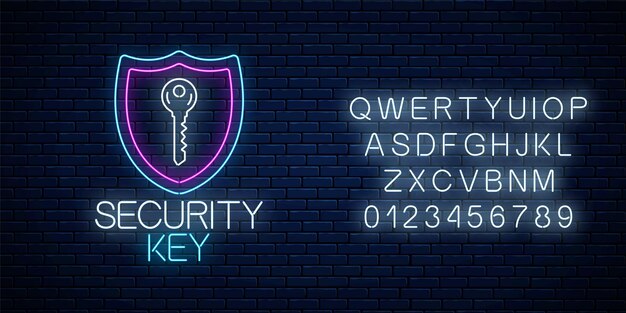 security key glowing neon sign with alphabet. internet protection symbol with shield and lock key.
