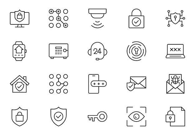 Security line icons set Guard cyber security password smart home safety data protection key shield lock unlock eye access Vector illustration