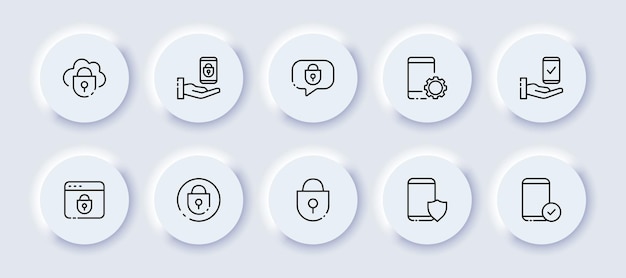 security neomorphic line icons set web page protection password reliability lock database hand speech bubble smartphone shield checkmark technology concept vector neomorphic icons set