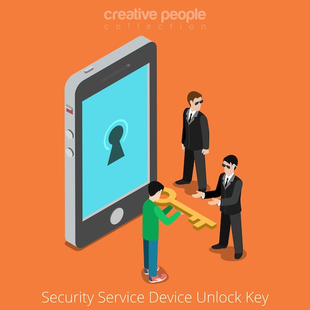 Security Service Device Unlock Key. Special agents taking universal clue to smartphone.