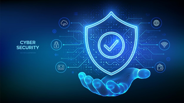 security shield cyber security protection shield with check mark icon in wireframe hand cyber data protection information privacy idea circuit board pattern pcb printed circuit texture vector