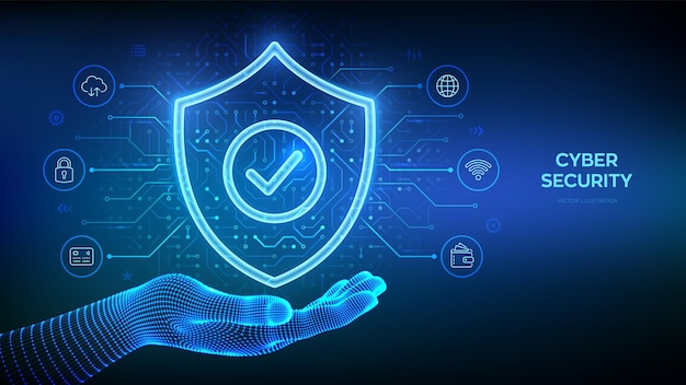 Security shield Cyber security Protection shield with Check mark icon in wireframe hand Cyber data protection Information privacy idea Network safety Circuit board pattern Vector illustration