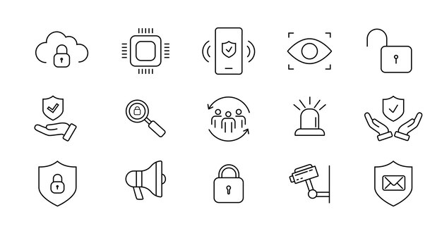 Security web icons in line style Securityguard lock access Vector illustration