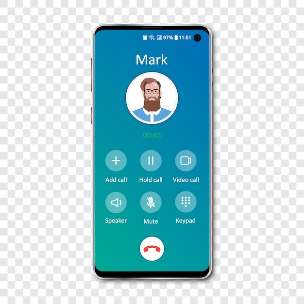 Şeffaf bir akıllı telefon arama uygulaması arayüz şablonu. Gelen arama.