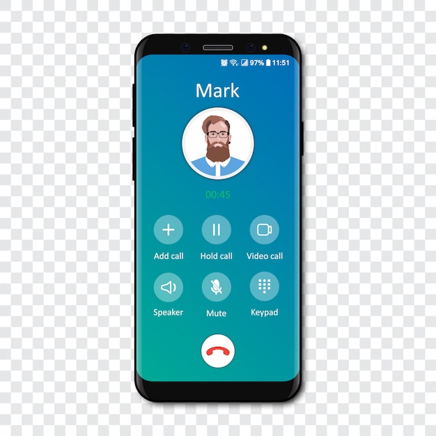 Şeffaf bir akıllı telefon arama uygulaması arayüz şablonu. Gelen arama.