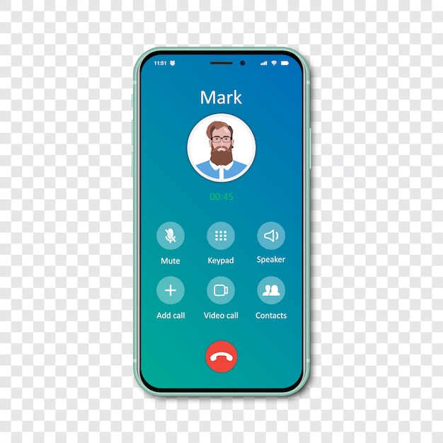 Şeffaf bir akıllı telefon arama uygulaması arayüz şablonu. Gelen arama.