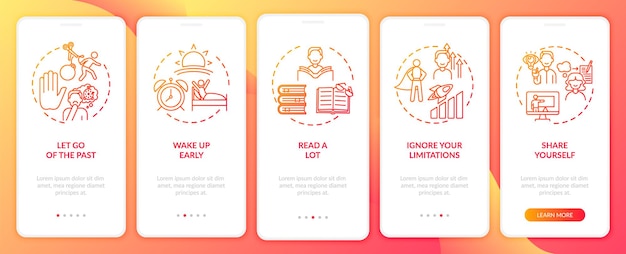 Self-development tips red onboarding mobile app page screen with concepts