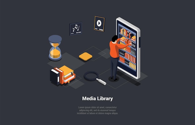 self education and media library boy searching a book in mobile electronic library modern digital library with character smartphone screen and book stacks isometric 3d cartoon vector illustration