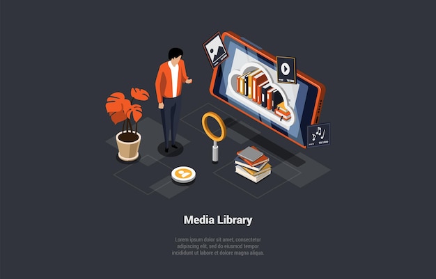 self education and media library male character is searching a book in electronic library modern digital library with smartphone screen and ebooks stacks isometric 3d cartoon vector illustration