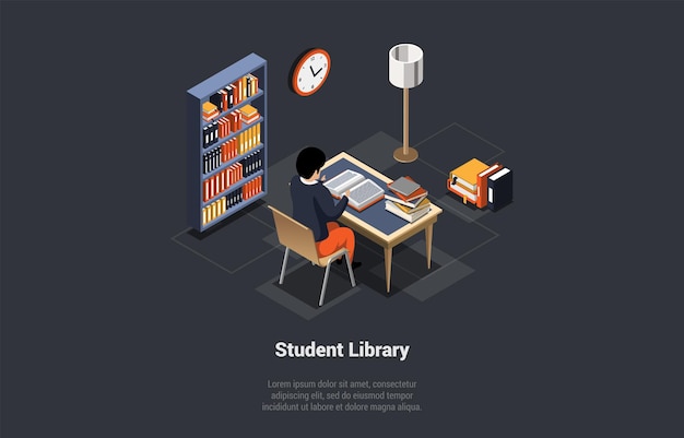 Self Education And Online Library Male Character Student At Desk Reading Book Or Doing Homework Modern Digital Library Interior With Bookcase Books And Floor Lamp Isometric 3d Vector Illustration