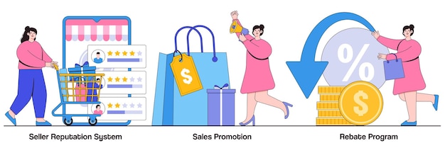 seller reputation system, sales promotion, rebate program concept with people character. e commerce abstract vector illustration set. online store discounts, internet shopping metaphor.
