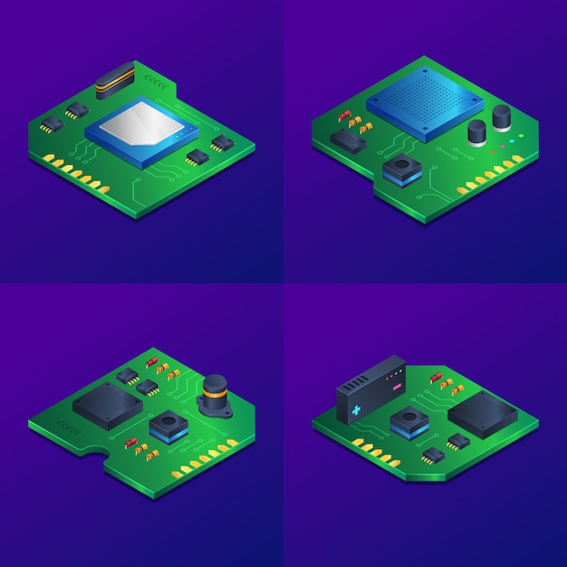 Semiconductor chip illustrations in isometric view